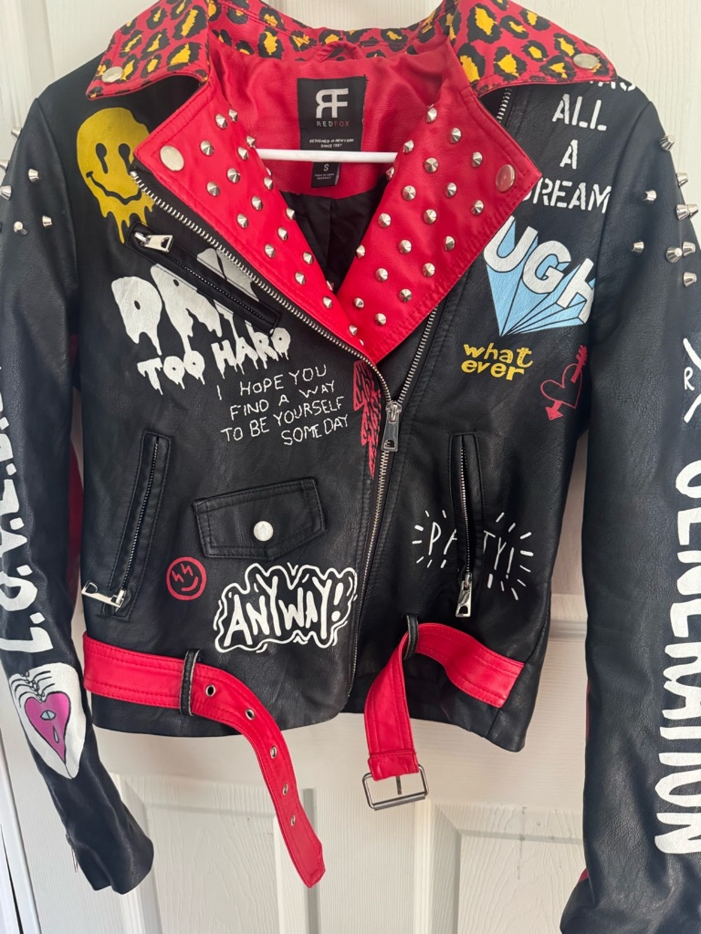 Redfox Studded Red Leather Jacket — Red & Black - Picture 2 of 14